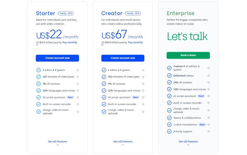 Pricing of Synthesia AI Video Maker